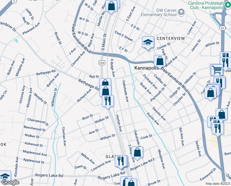 map of restaurants, bars, coffee shops, grocery stores, and more near 816 South Ridge Avenue in Kannapolis