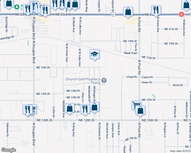 map of restaurants, bars, coffee shops, grocery stores, and more near 1520 McGregor Drive in Midwest City