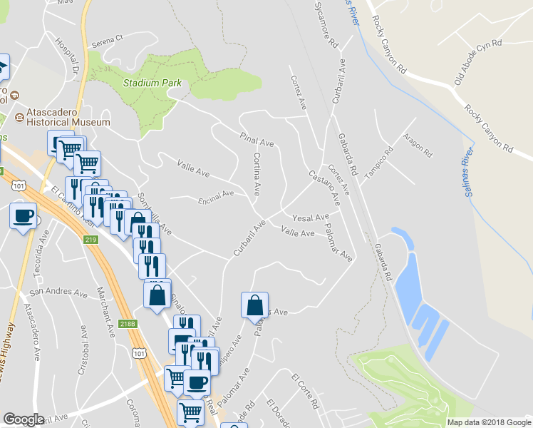 map of restaurants, bars, coffee shops, grocery stores, and more near 7695 Valle Avenue in Atascadero