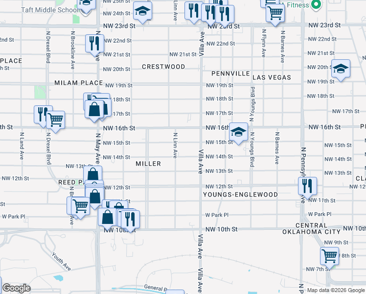 map of restaurants, bars, coffee shops, grocery stores, and more near 2541 Northwest 14th Street in Oklahoma City