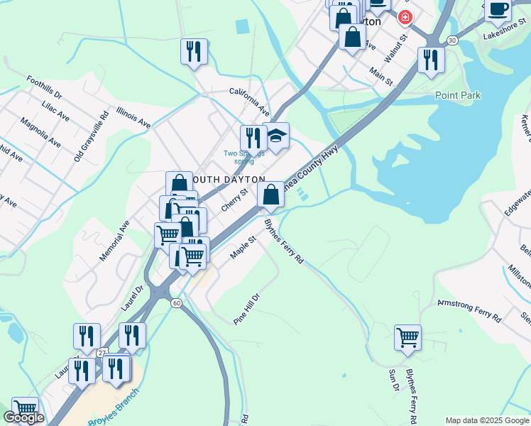 map of restaurants, bars, coffee shops, grocery stores, and more near 115 Blythes Ferry Road in Dayton