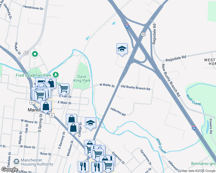 map of restaurants, bars, coffee shops, grocery stores, and more near 328 North Waite Street in Manchester