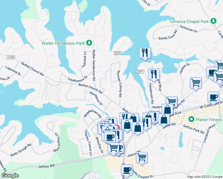 map of restaurants, bars, coffee shops, grocery stores, and more near 20212 Bethel Church Road in Cornelius
