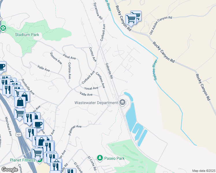 map of restaurants, bars, coffee shops, grocery stores, and more near 7825 Castano Avenue in Atascadero