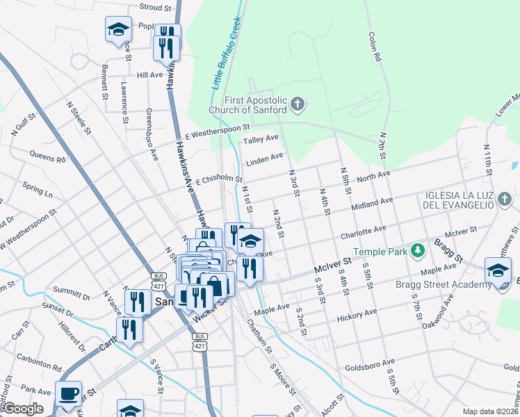 map of restaurants, bars, coffee shops, grocery stores, and more near 200 North Avenue in Sanford