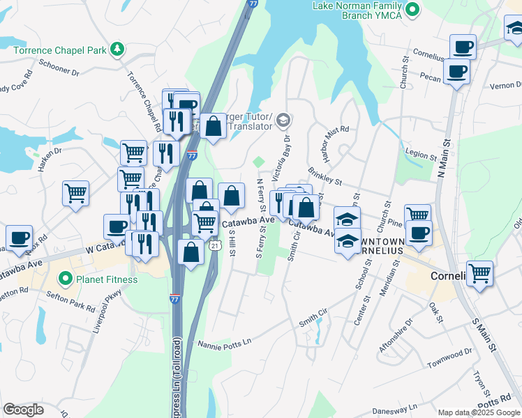 map of restaurants, bars, coffee shops, grocery stores, and more near in Cornelius
