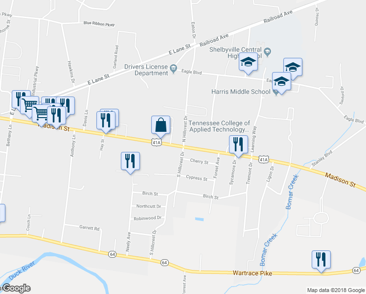 map of restaurants, bars, coffee shops, grocery stores, and more near 1388 Madison Street in Shelbyville