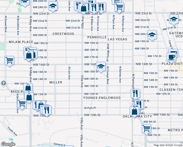 map of restaurants, bars, coffee shops, grocery stores, and more near 2417 Northwest 14th Street in Oklahoma City