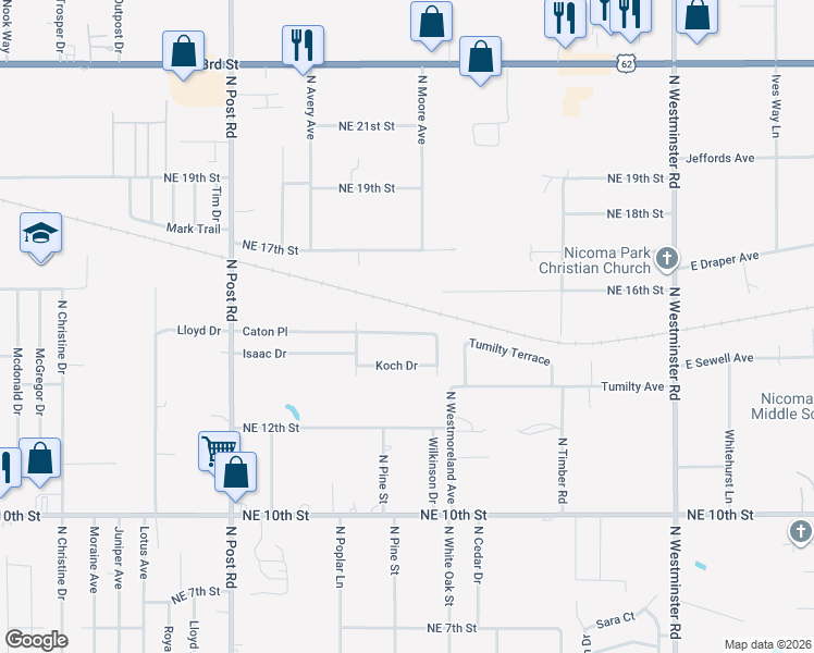 map of restaurants, bars, coffee shops, grocery stores, and more near 10412 Caton Place in Midwest City