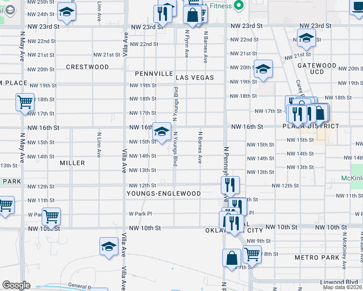 map of restaurants, bars, coffee shops, grocery stores, and more near 2221 Northwest 14th Street in Oklahoma City