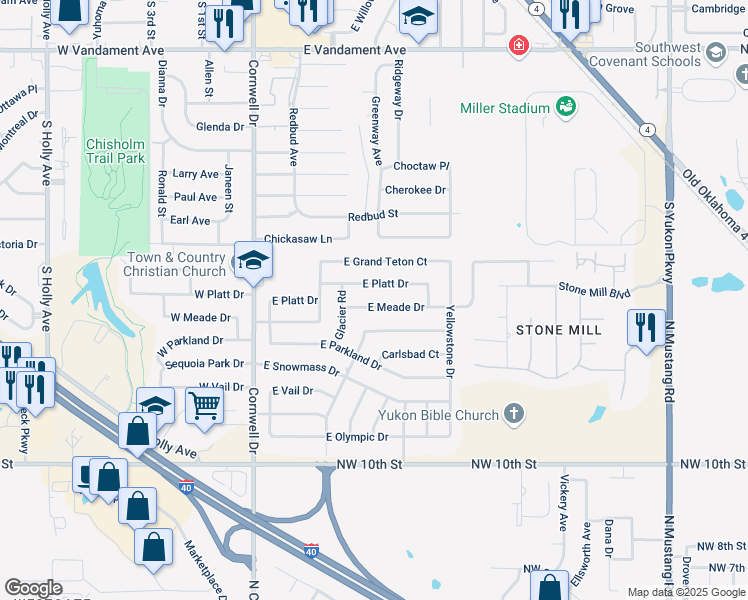 map of restaurants, bars, coffee shops, grocery stores, and more near 300 East Meade Drive in Yukon