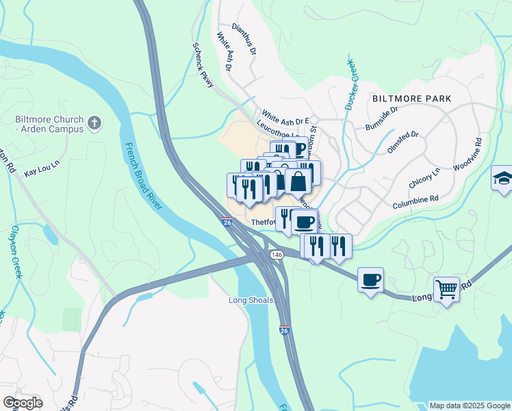 map of restaurants, bars, coffee shops, grocery stores, and more near 33 Town Square Boulevard in Asheville