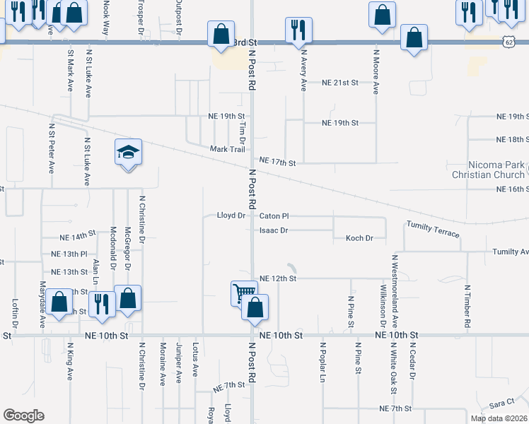 map of restaurants, bars, coffee shops, grocery stores, and more near 10003 Isaac Drive in Midwest City