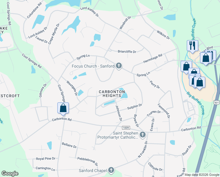 map of restaurants, bars, coffee shops, grocery stores, and more near 2111 Knollwood Drive in Sanford