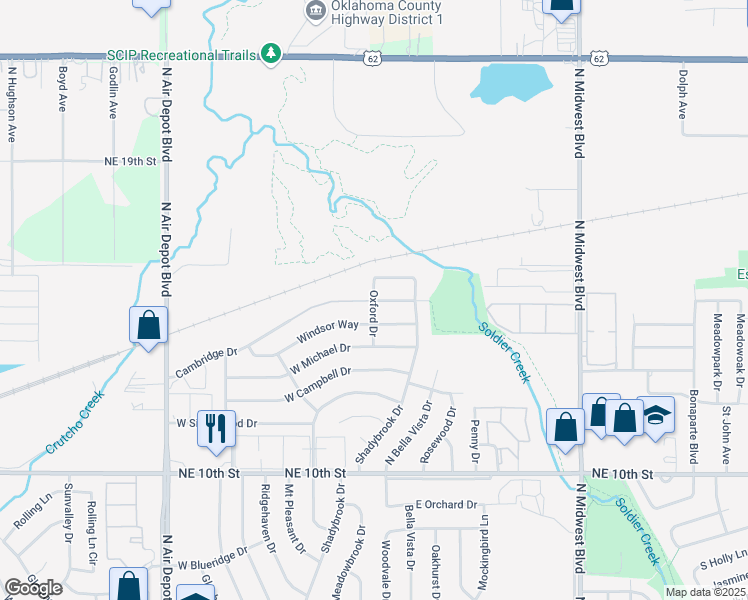 map of restaurants, bars, coffee shops, grocery stores, and more near 197 Cambridge Drive in Oklahoma City