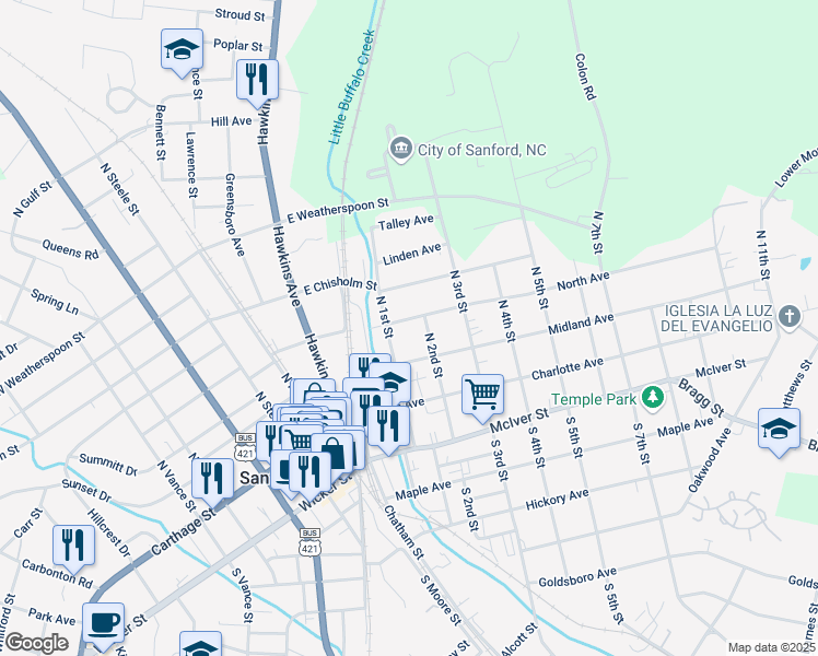 map of restaurants, bars, coffee shops, grocery stores, and more near 204 North Avenue in Sanford