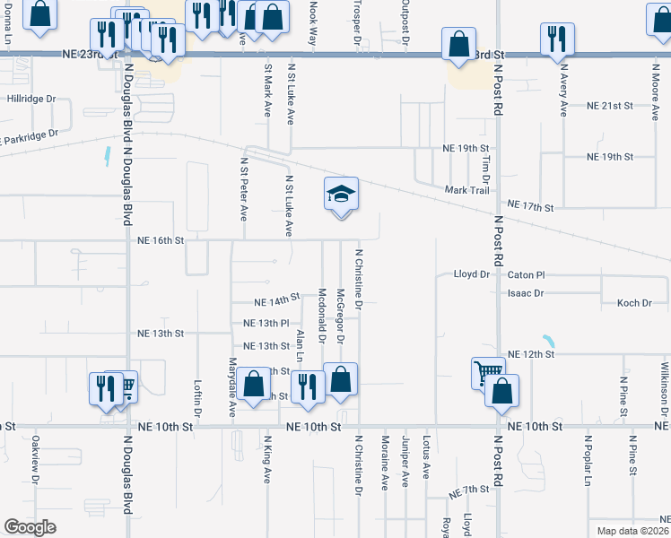 map of restaurants, bars, coffee shops, grocery stores, and more near 1508 McGregor Drive in Midwest City