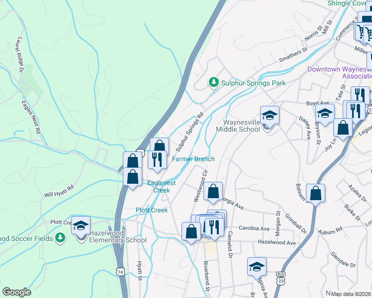 map of restaurants, bars, coffee shops, grocery stores, and more near 1273 Sulphur Springs Road in Waynesville