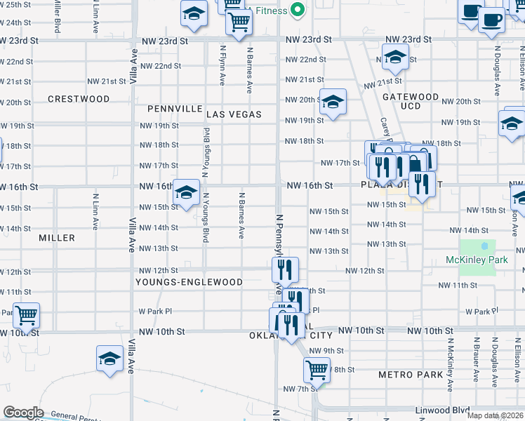 map of restaurants, bars, coffee shops, grocery stores, and more near 1501 North Pennsylvania Avenue in Oklahoma City