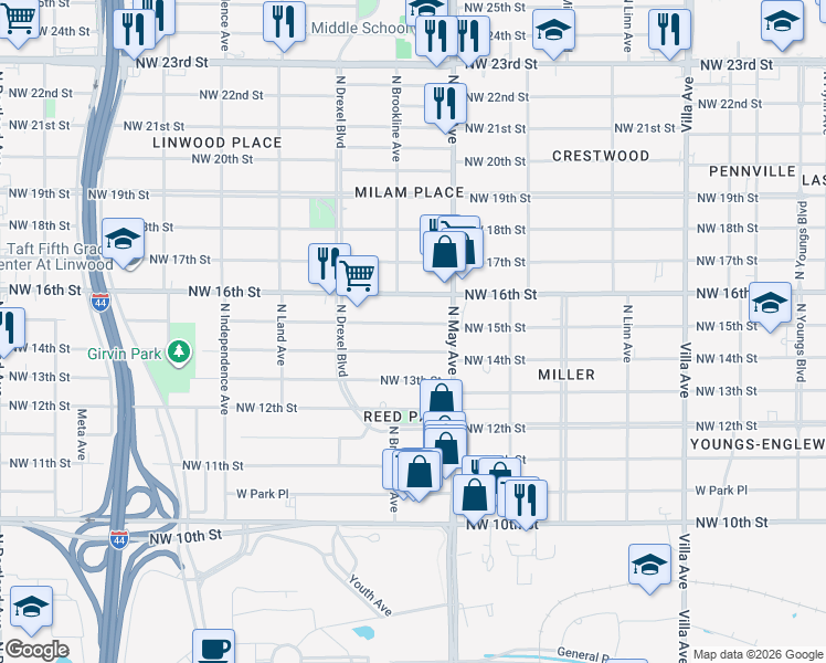 map of restaurants, bars, coffee shops, grocery stores, and more near 2938 Northwest 14th Street in Oklahoma City