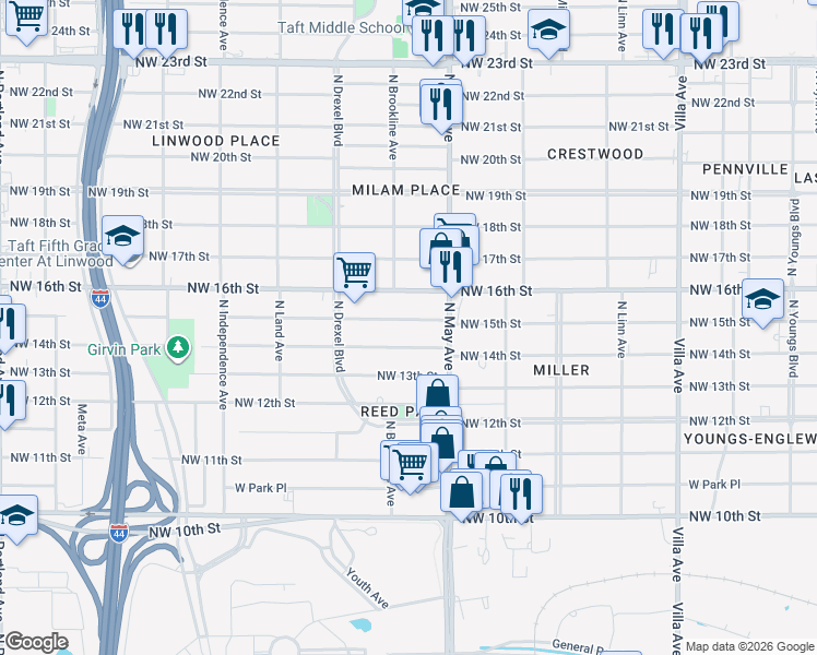 map of restaurants, bars, coffee shops, grocery stores, and more near 2938 Northwest 14th Street in Oklahoma City