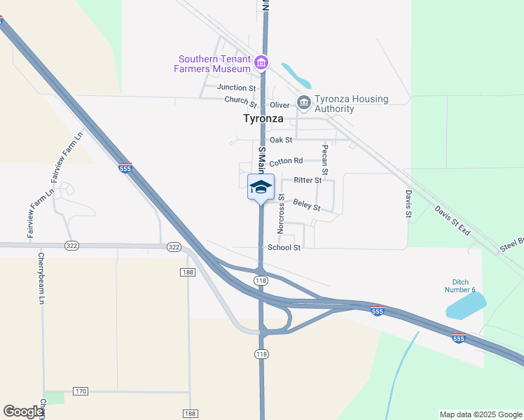 map of restaurants, bars, coffee shops, grocery stores, and more near 412 South Main Street in Tyronza