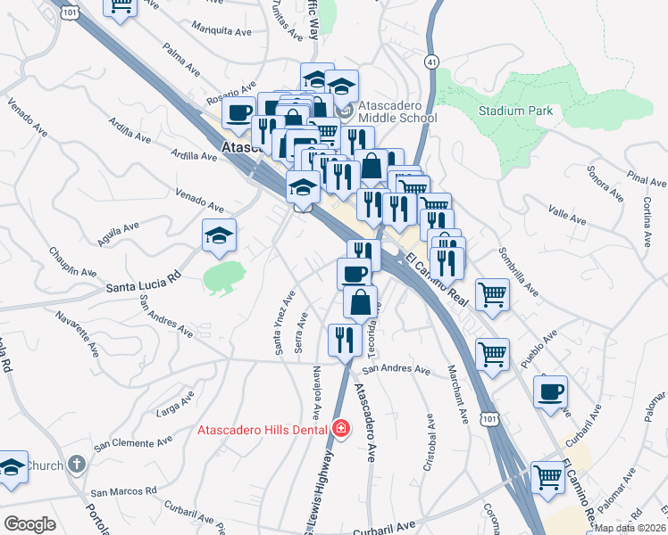 map of restaurants, bars, coffee shops, grocery stores, and more near 6275 Santa Ynez Avenue in Atascadero
