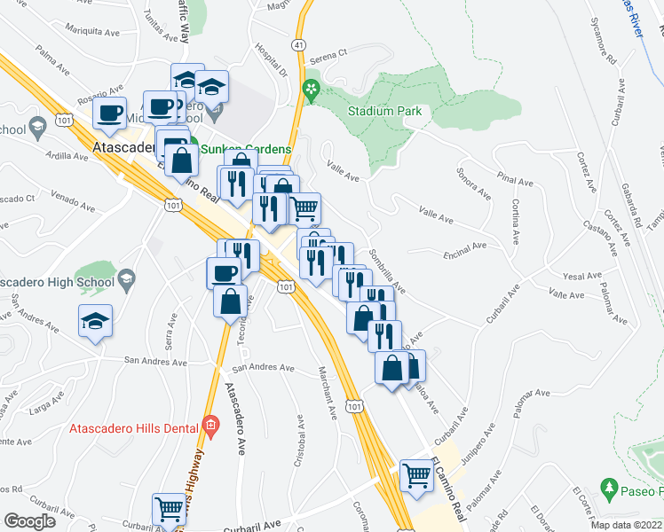 map of restaurants, bars, coffee shops, grocery stores, and more near 7260 Santa Ysabel Avenue in Atascadero