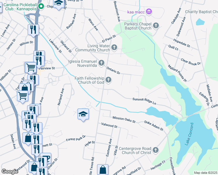 map of restaurants, bars, coffee shops, grocery stores, and more near 1515 Summit Ridge Lane in Kannapolis