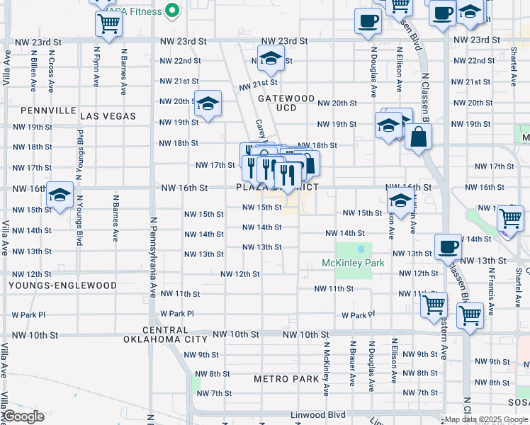 map of restaurants, bars, coffee shops, grocery stores, and more near in Oklahoma City
