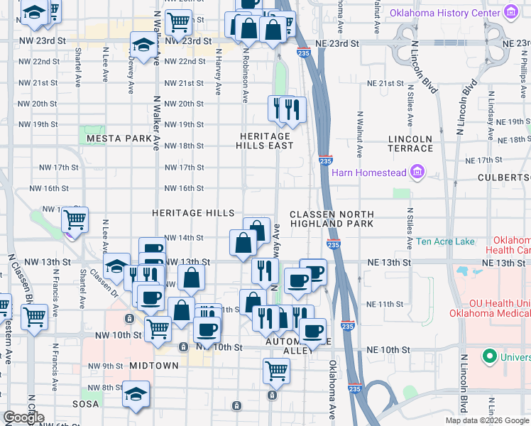 map of restaurants, bars, coffee shops, grocery stores, and more near 115 Northwest 15th Street in Oklahoma City