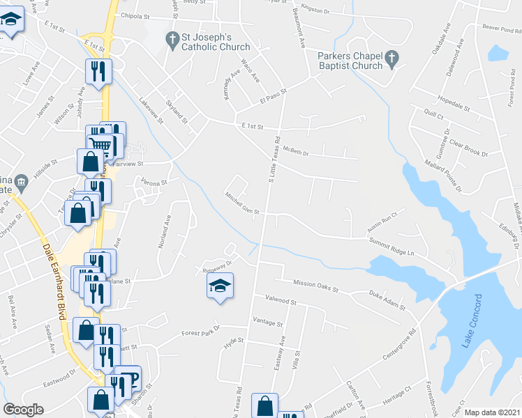 map of restaurants, bars, coffee shops, grocery stores, and more near 1493 Mitchell Glen Street in Kannapolis