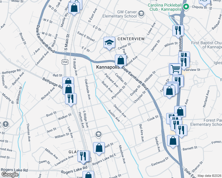 map of restaurants, bars, coffee shops, grocery stores, and more near 805 Buick Avenue in Kannapolis