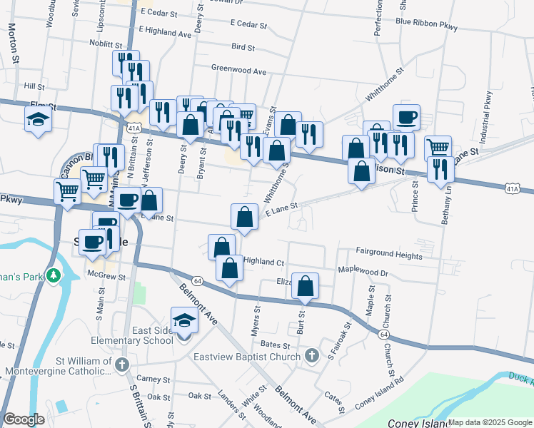 map of restaurants, bars, coffee shops, grocery stores, and more near 460 South Evans Street in Shelbyville