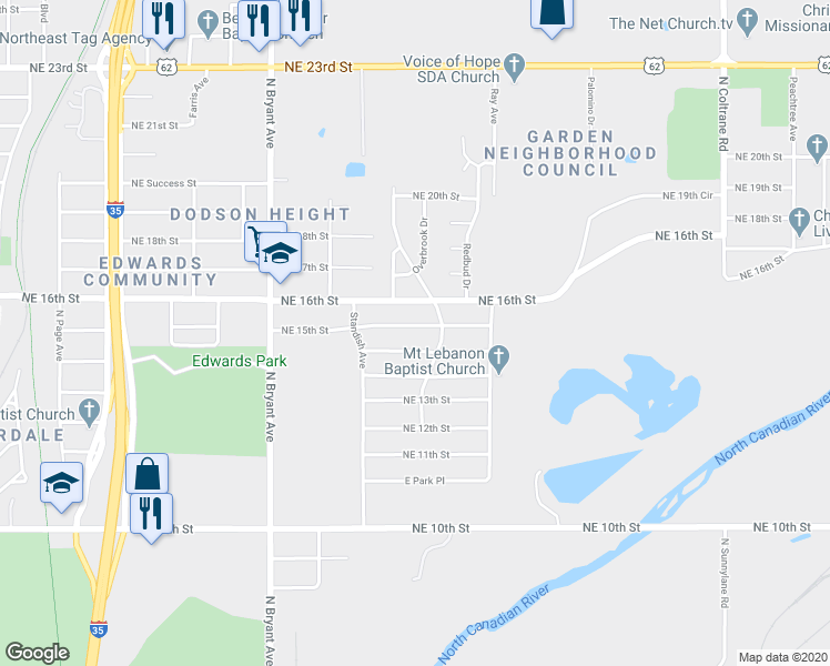 map of restaurants, bars, coffee shops, grocery stores, and more near 3220 Northeast 16th Street in Oklahoma City