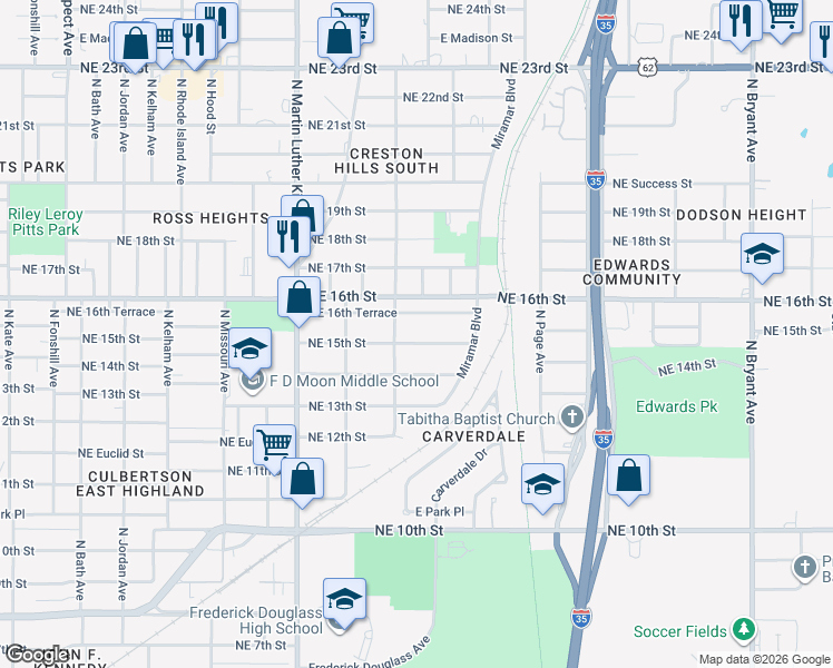 map of restaurants, bars, coffee shops, grocery stores, and more near 2231 Northeast 16th Terrace in Oklahoma City