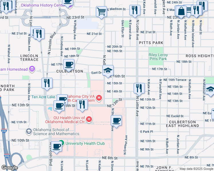 map of restaurants, bars, coffee shops, grocery stores, and more near 1616 North Kelley Avenue in Oklahoma City