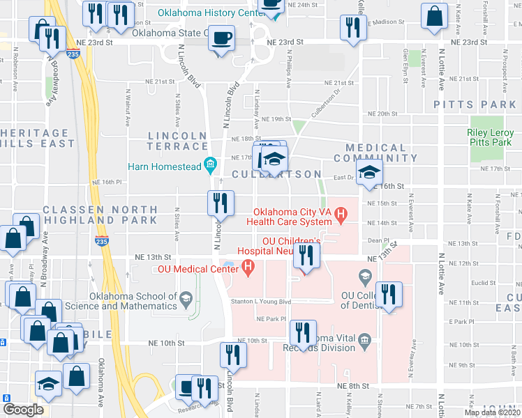 map of restaurants, bars, coffee shops, grocery stores, and more near 716 Northeast 16th Street in Oklahoma City