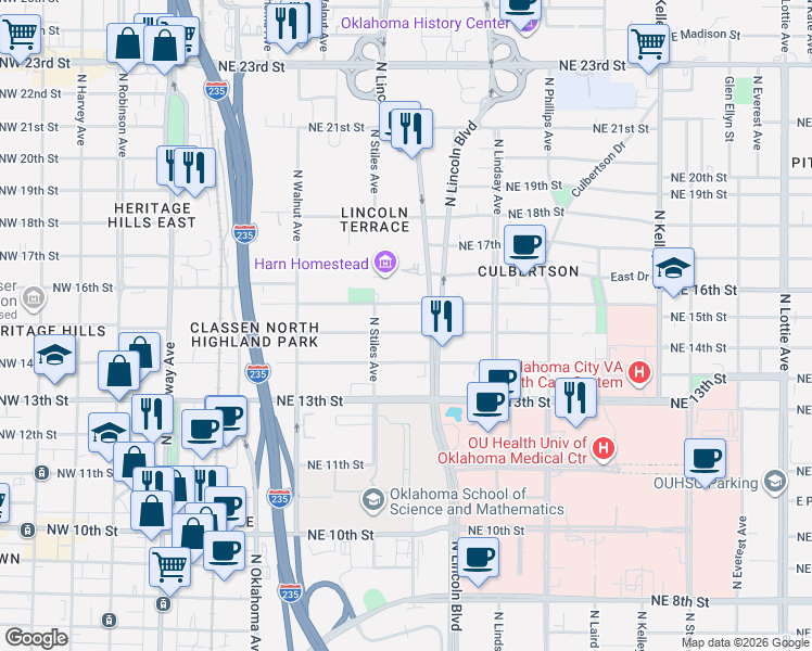 map of restaurants, bars, coffee shops, grocery stores, and more near 423 Northeast 16th Street in Oklahoma City