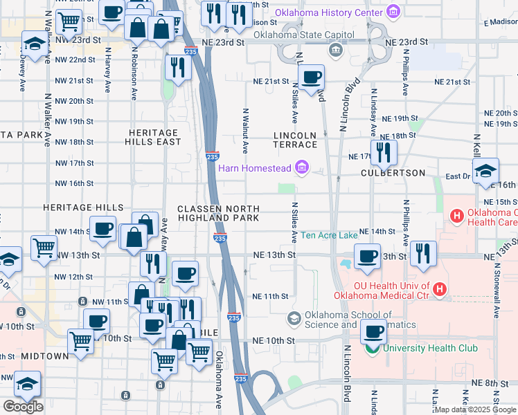 map of restaurants, bars, coffee shops, grocery stores, and more near 229 Northeast 16th Street in Oklahoma City