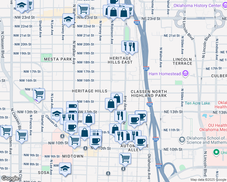 map of restaurants, bars, coffee shops, grocery stores, and more near 130 Northwest 16th Street in Oklahoma City