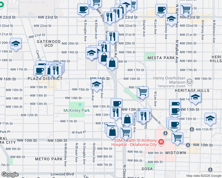 map of restaurants, bars, coffee shops, grocery stores, and more near 1625 North Classen Boulevard in Oklahoma City