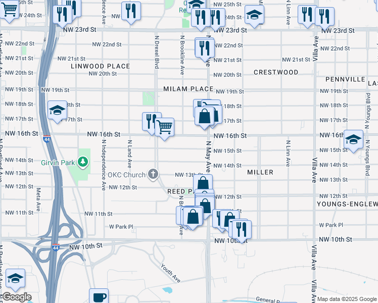 map of restaurants, bars, coffee shops, grocery stores, and more near 2938 Northwest 16th Street in Oklahoma City