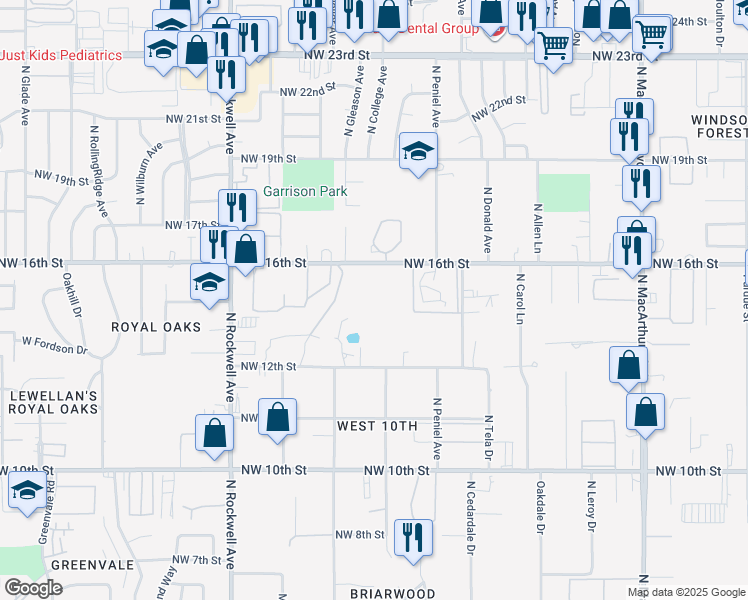map of restaurants, bars, coffee shops, grocery stores, and more near 6704 Northwest 16th Street in Oklahoma City