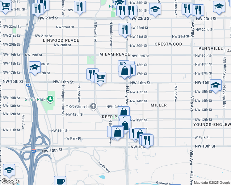 map of restaurants, bars, coffee shops, grocery stores, and more near 2934 Northwest 15th Street in Oklahoma City