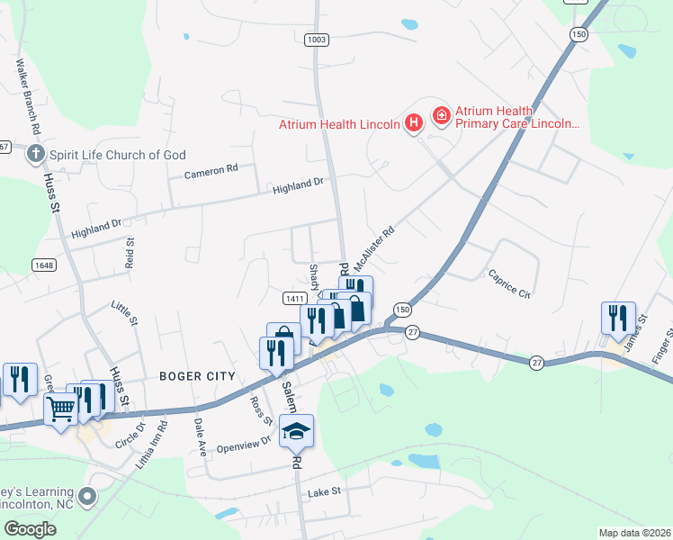 map of restaurants, bars, coffee shops, grocery stores, and more near 241 Buffalo Shoals Road in Lincolnton
