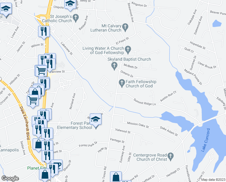 map of restaurants, bars, coffee shops, grocery stores, and more near 1489 Mitchell Glen Street in Kannapolis