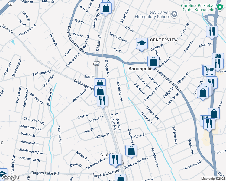 map of restaurants, bars, coffee shops, grocery stores, and more near 813 South Ridge Avenue in Kannapolis