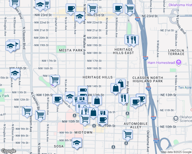 map of restaurants, bars, coffee shops, grocery stores, and more near 405 Northwest 15th Street in Oklahoma City