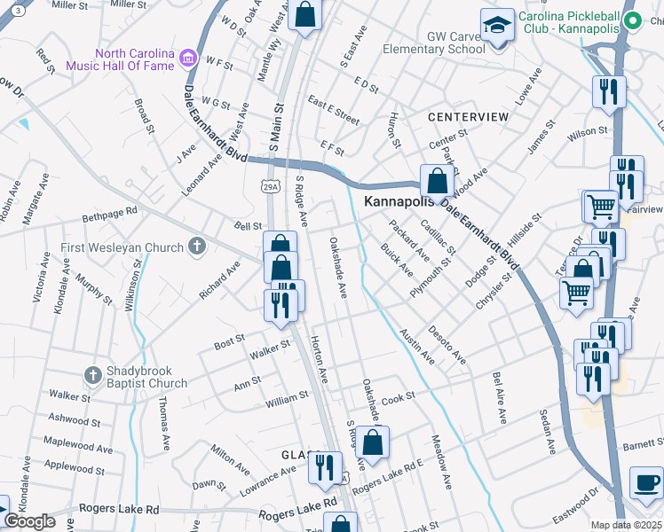map of restaurants, bars, coffee shops, grocery stores, and more near 810 Oakshade Avenue in Kannapolis